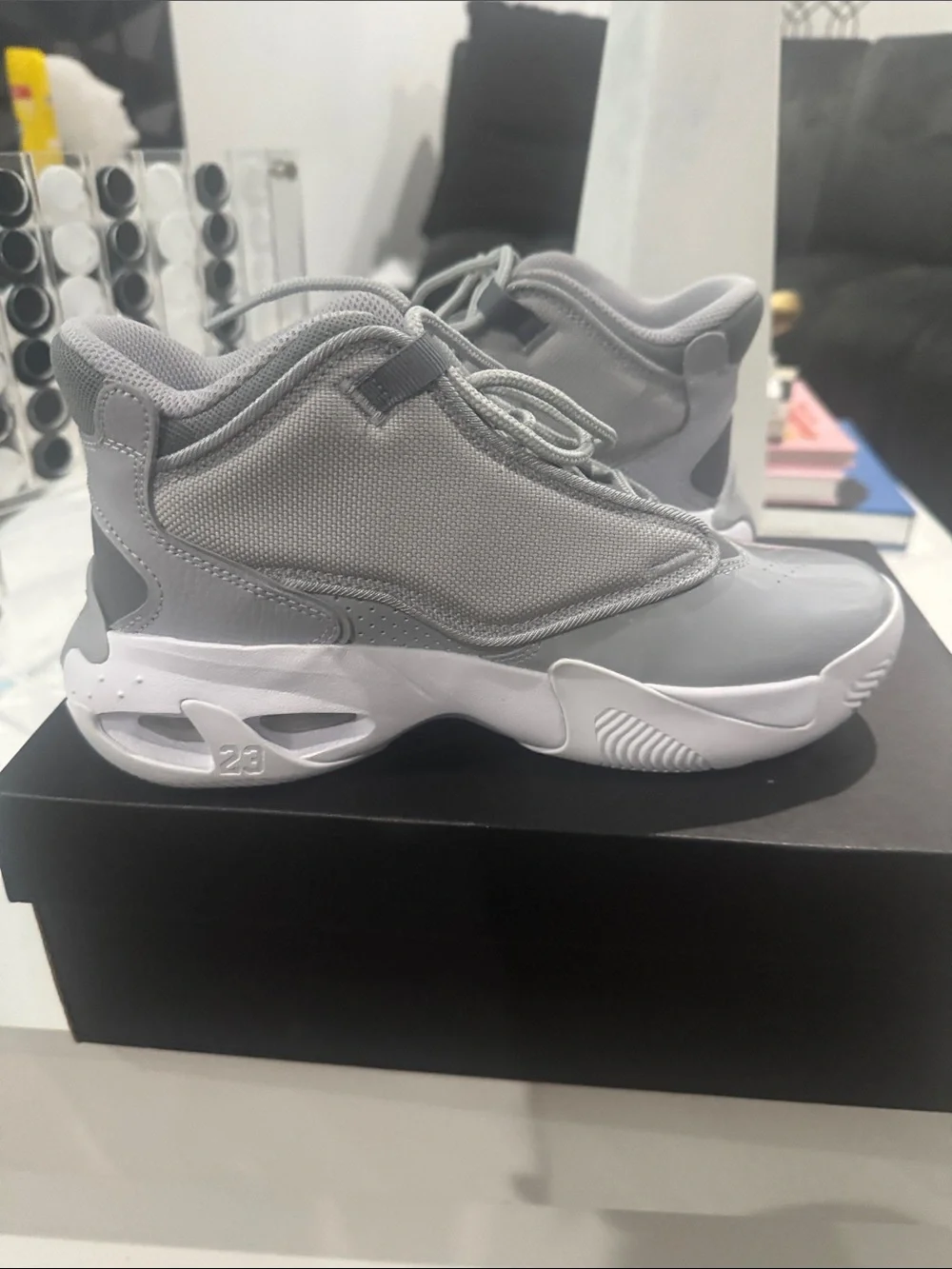Jordan Youth Glossy Grey and White Retro Basketball Sneakers